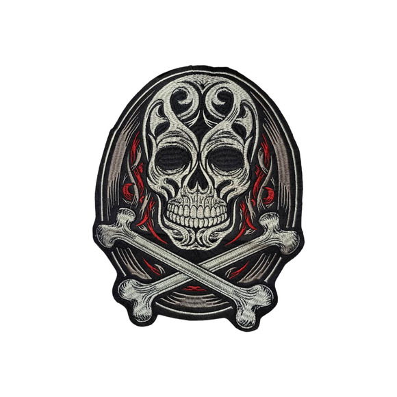 Red Black Silver Shimmering Silk Needlework Skull & Cross Bones Large Patch - Picture 3 of 3